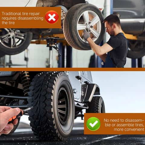 Comparison image showing traditional tire repair and 100 Piece Tire Plug Repair Kit No Tire Removal Needed Patch Tools in use.