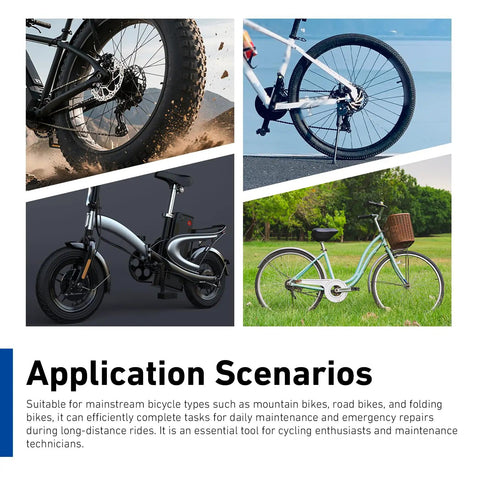 Collage of various bicycles showcasing the bike chain checker tool's application for maintenance on road and mountain bikes.