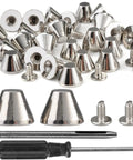 Badass Barrel Spikes And Screw Back Studs 30 Sets Silver Zinc Alloy hardware kit showcasing metal spikes and screws.
