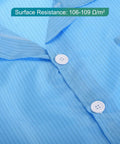 Kickass Anti Static ESD Lab Coat Engineered For The Daily Grind Featuring Conductive Polyester Weave close-up showing blue fabric and buttons.