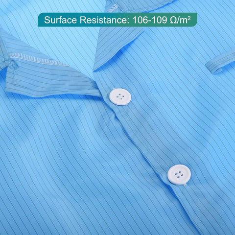 Kickass Anti Static ESD Lab Coat Engineered For The Daily Grind Featuring Conductive Polyester Weave close-up showing blue fabric and buttons.