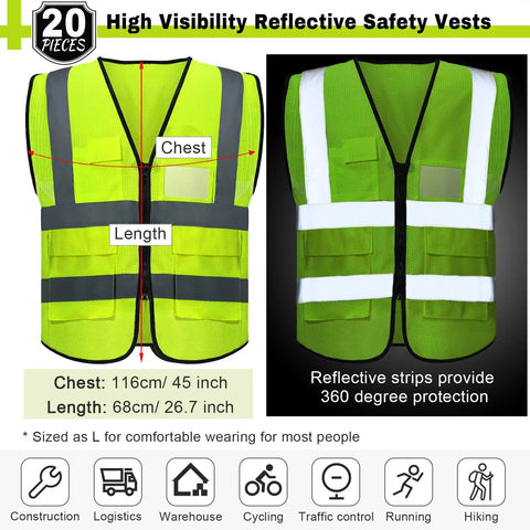 20 Pack Reflective Safety Vests With Pockets, High Visibility Mesh Construction Vests For Men And Women, Neon Yellow, Size Large