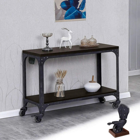Industrial-style metal console table with items, focus on 4 pack 3 inch furniture caster cups non slip pads for hardwood floors.