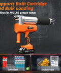 Cordless Electric Grease Gun With 10000 PSI, 6.8 Oz Per Minute, Dual Batteries Included, 39.4 Inch Hose, 3 Quick Couplers, Fits 14 Oz Cartridges Or Bulk Grease, Workhorse For Tractor And Automotive, with cartridge and bulk grease options displayed.
