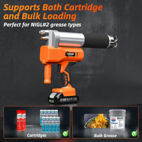 Cordless Electric Grease Gun With 10000 PSI, 6.8 Oz Per Minute, Dual Batteries Included, 39.4 Inch Hose, 3 Quick Couplers, Fits 14 Oz Cartridges Or Bulk Grease, Workhorse For Tractor And Automotive, with cartridge and bulk grease options displayed.