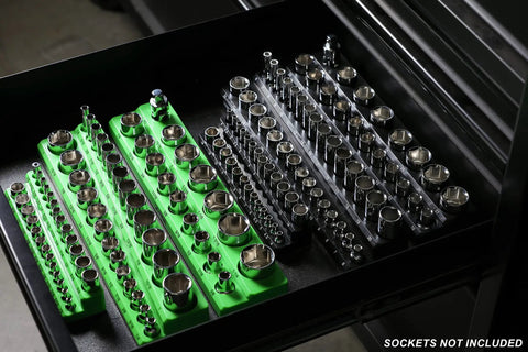 Magnetic Socket Organizer Set For Metric And SAE Drives With Quarter Inch And Three Eighths Inch And Half Inch Holders in drawer