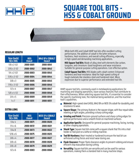 Image of a one by seven inch square tool bit, 8 percent cobalt M42 high speed steel for beefy cuts in hard materials, square end bit for milling and drilling tough metalwork, featuring specifications and details.