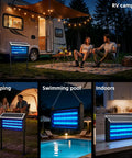 Outdoor Solar Bug Zapper For 3000 Sq Ft Coverage used in various environments such as camping, poolside, and indoors.