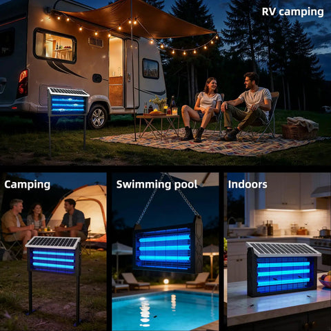Outdoor Solar Bug Zapper For 3000 Sq Ft Coverage used in various environments such as camping, poolside, and indoors.