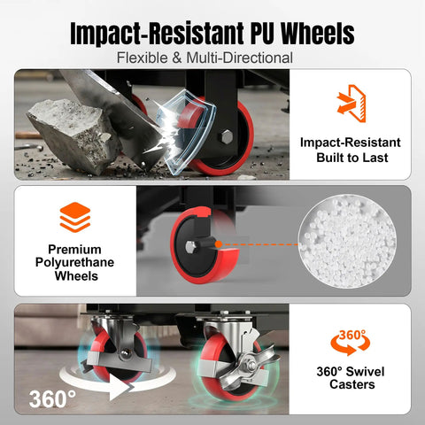 Impact-Resistant PU Wheels for Top Shelf Hydraulic Lift Table Cart Rated For 330 Pound Loads featuring 360° swivel casters.