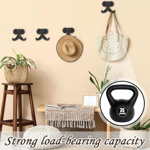 Heckin Durable Four Piece Cast Iron Beard Wall Hooks For Old School Farmhouse Charm And Dang Tough Rustic Decor Hanging Rack For Coats Scarves Towels Keys With Mounting Hardware Included, displayed with hats and bags.
