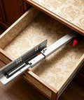 10 Inch Concealed Drawer Slides With Soft Close Self Closing Undermount Glides in open wood drawer, cold rolled steel