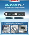 Adjustable Sheet Metal Hole Cutter With Two Extra Bits For Clean 2 To 12 Inch Circular Cuts showing measuring scale in inches and centimeters