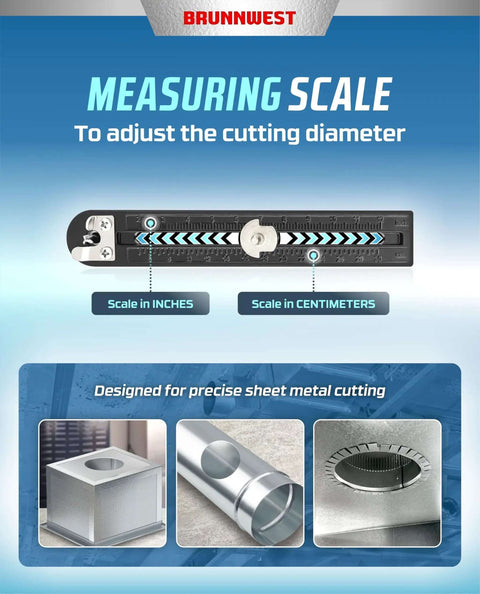 Adjustable Sheet Metal Hole Cutter With Two Extra Bits For Clean 2 To 12 Inch Circular Cuts showing measuring scale in inches and centimeters