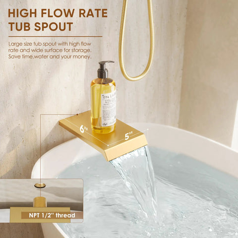 Top Tier Brushed Gold Shower System Features A Ten Inch Rain Showerhead And Tub Spout Cast From Solid Brass With Absolutely Zero Plastic Tubes For Rust Proof Bathroom Setup That Runs Slick Every Time