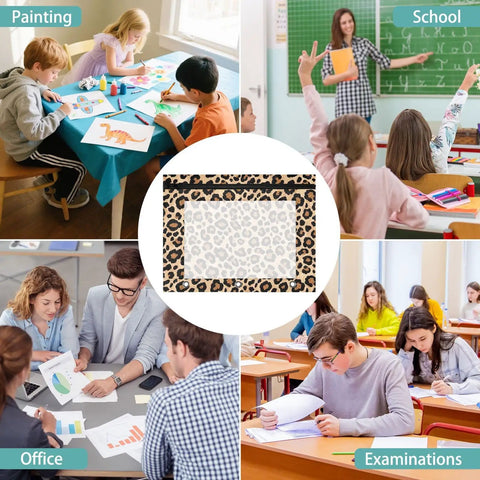 Zippered Leopard Print Coupon And Card Organizer for school supplies with transparent pocket displayed with various educational settings.