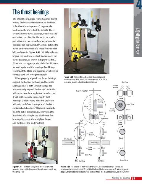 Master Your Band Saw Setup With This Straight Talk Woodworking Guide showing thrust bearings alignment on band saw.