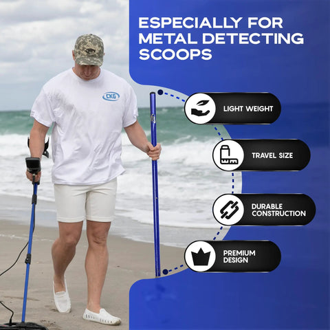 Man using Carbon Fiber Travel Pole For Beach Metal Detecting Shovels Lightweight Universal Handle on the beach