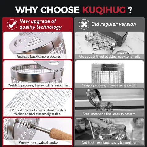 Comparison of old vs new Two Piece Rolling Grill Basket With Removable Wood Handles, 304 Stainless Steel Mesh, and design features