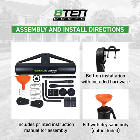 Fillable Lawn Striper Kit For 20-22 Inch Push And Walk Behind Mowers With Easy Install shown with assembly instructions