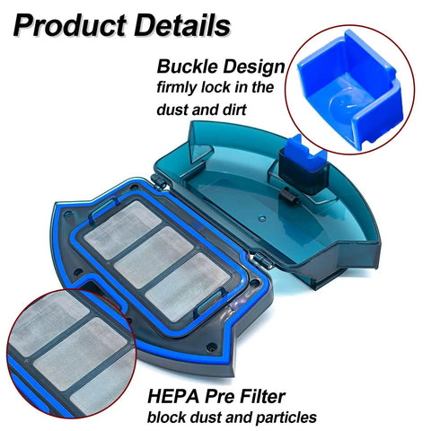 Replacement Dust Bin Box For Eufy RoboVac 11S 12 15C 15T 30 30C 35C 25C G30 Vacuum Cleaner, open view showing HEPA pre-filter and buckle design.
