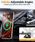 MagSafe Car Mount Charger With Ultra Magnetic Phone Holder For IPhone 12 Through 17 on dashboard with adjustable arm.