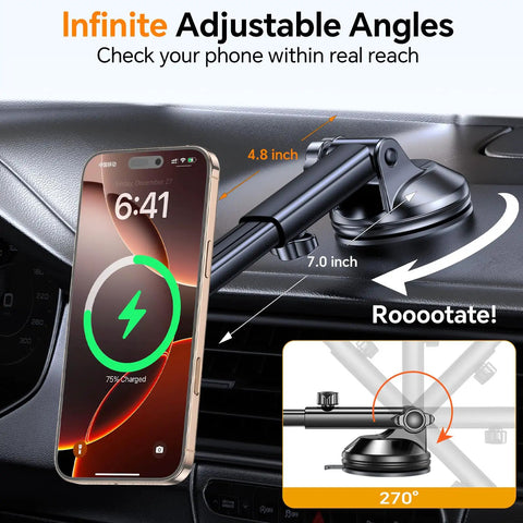 MagSafe Car Mount Charger With Ultra Magnetic Phone Holder For IPhone 12 Through 17 on dashboard with adjustable arm.
