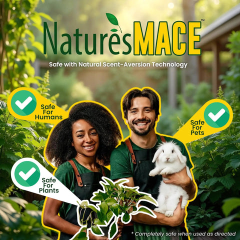 Ready-To-Use Bunny-Proof Outdoor Rabbit Repellent Spray With Mint Scent, Safe For People Pets And Plants, Keeps Your Garden And Lawn Bunny Free, 40 Fl Oz, featuring happy users holding a plant and a rabbit in a garden setting.