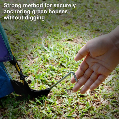 Hand securing tent with Beefy Heavy Duty Metal Tent Stakes Set 17 Pack for outdoor decorations and gardening