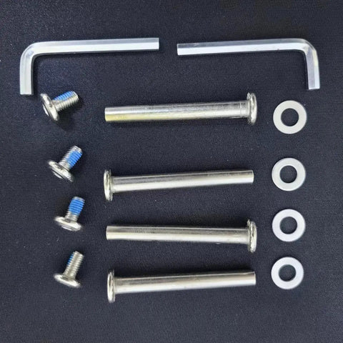 6mm Inline Skate Shaft Hex Socket Screws Replacement Kit With 50mm Axles And Installation Tools Includes 4 Sets And 48x14mm Hex Wrenches Beefed Up Inline Skate Wheel Axle Repair Kit components including axles, screws, washers, and hex wrenches on a black surface.