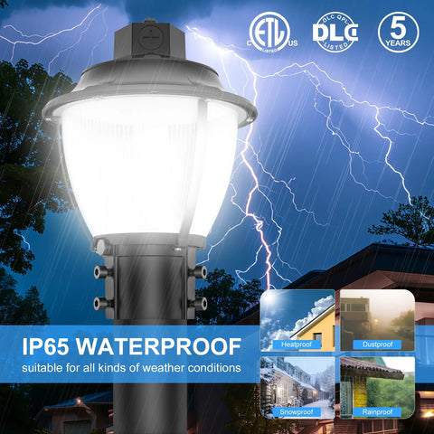 LED Post Top Light With Dusk To Dawn Photocell 5000K Daylight White, IP65 Waterproof fixture against stormy sky background