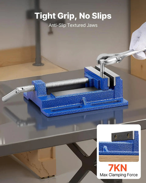 Pro Grade 6 Inch Drill Press Vise With Slotted Base Heavy Duty Cast Iron Workbench Vice For Woodworking And Metalworking Portable Bench Vise That Grips Tight Up To 7kN Non Slip Jaws For Drilling Engraving Cutting And More, blue on table