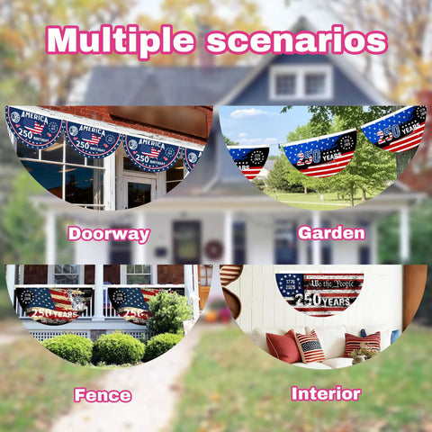 250th Anniversary All American Flag One Point Five By Three Feet Two Ply Polyester Outdoor Flag For Wall Porch Fence Front Door Decor 1776 To 2026 Celebration Patriotic Banner displayed in various settings.