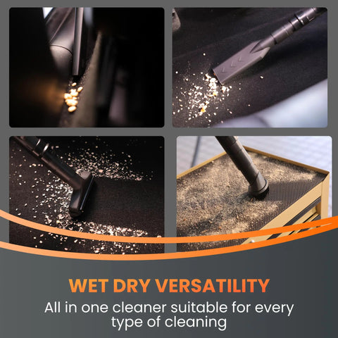 Close-up of Wet Dry Vacuum Cleaner With 6 Nozzles, 30 Ft Retractable Hose, Wall Mounted Car Detailing Vacuum For Garage And Home Use, Gray, No Remote Control Today in use on different surfaces, showcasing suction power.