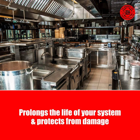 Pro Grade Rubber Blow Off Caps For Ansul R102 And Piranha Kitchen Suppression Vent Hood Systems with fire nozzles visible.