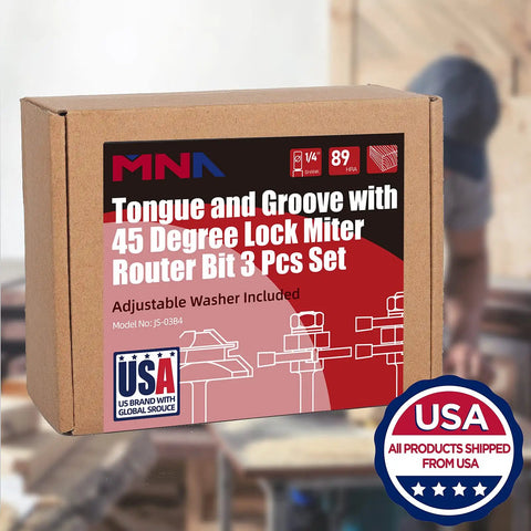 Box displaying Tongue And Groove Router Bit Set With 45 Degree Lock Miter Bit One Quarter Inch Shank for wood milling.