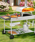 Outdoor pizza oven table with topping station for grills, includes shelves, topping containers, propane tank, and pizza oven.