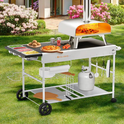 Outdoor pizza oven table with topping station for grills, includes shelves, topping containers, propane tank, and pizza oven.