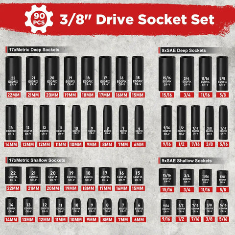 Image of 3/8 Inch Drive Impact Socket Set, 90 Piece Metric Socket Kit With 6 Point Sockets 6-22mm And SAE 5/16-15/16, Deep and Shallow