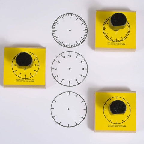 Totally Sweet Wooden Analog Clock Stamp Set For Kids Learning To Tell Time With Teachers And Parents Super Handy For Craft Projects and Classroom Fun No Hands Design Makes Teaching A Breeze, featuring three wooden clock stamps and printed clock faces.