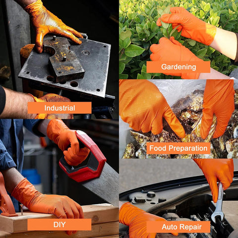 PROMEDIX P orange heavy-duty nitrile gloves, 8-mil, raised diamond texture; industrial DIY gardening