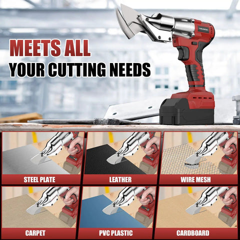 Brushless Cordless Metal Shears With 360 Degree Pivoting Head High Torque Cutting Tool Compatible With Milwaukee 18v Batteries cutting through various materials.