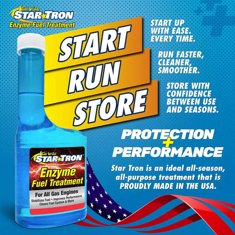 Front view of Star Tron Enzyme Fuel Treatment Concentrate bottle, designed for ethanol control and engine efficiency.