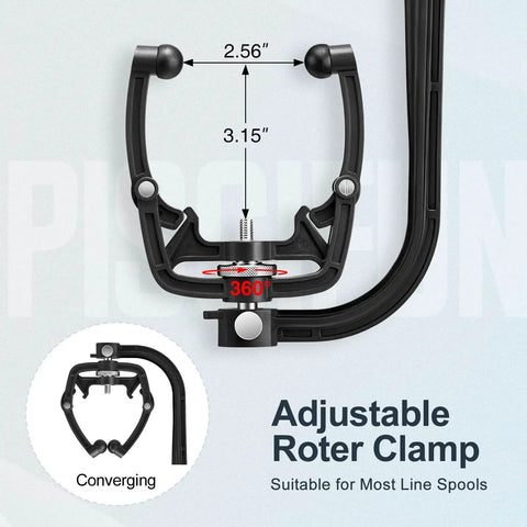 Fishing Line Winder Spooler Machine with Adjustable Spool Width and Spring Loaded Tension, black clamp detail view.