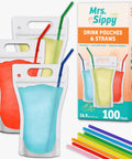 Clear Drink Pouches For Adults 16.9 Oz Freezable Reusable Bags With Straws, colorful drinks and package box