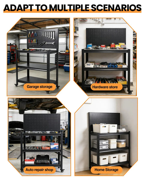 Collage of the 52 Inch Rolling Work Table That Moves With You, Adjustable Height And Lockable Wheels, Pegboard Surface used in garage, hardware store, auto repair shop, and home storage.