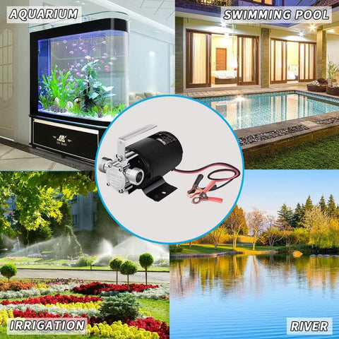 Portable 12V DC Water Transfer Pump, 330 GPH Sump Utility Pump With Hose Kit, 0.1 HP shown with aquariums, pools, and irrigation areas.