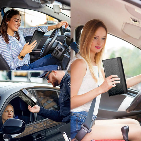 Dope Leopard Pattern Car Registration And Insurance Holder With Magnetic Closure Universal Document Organizer For License Cards And Glove Box Storage No More Rummaging Just Grab And Roll in use in car.