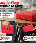 Red case for 8 Piece Socket Adapter And Reducer Set on workbench, shown stored in tool bag and carried by hand for garage use.