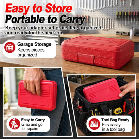 Red case for 8 Piece Socket Adapter And Reducer Set on workbench, shown stored in tool bag and carried by hand for garage use.